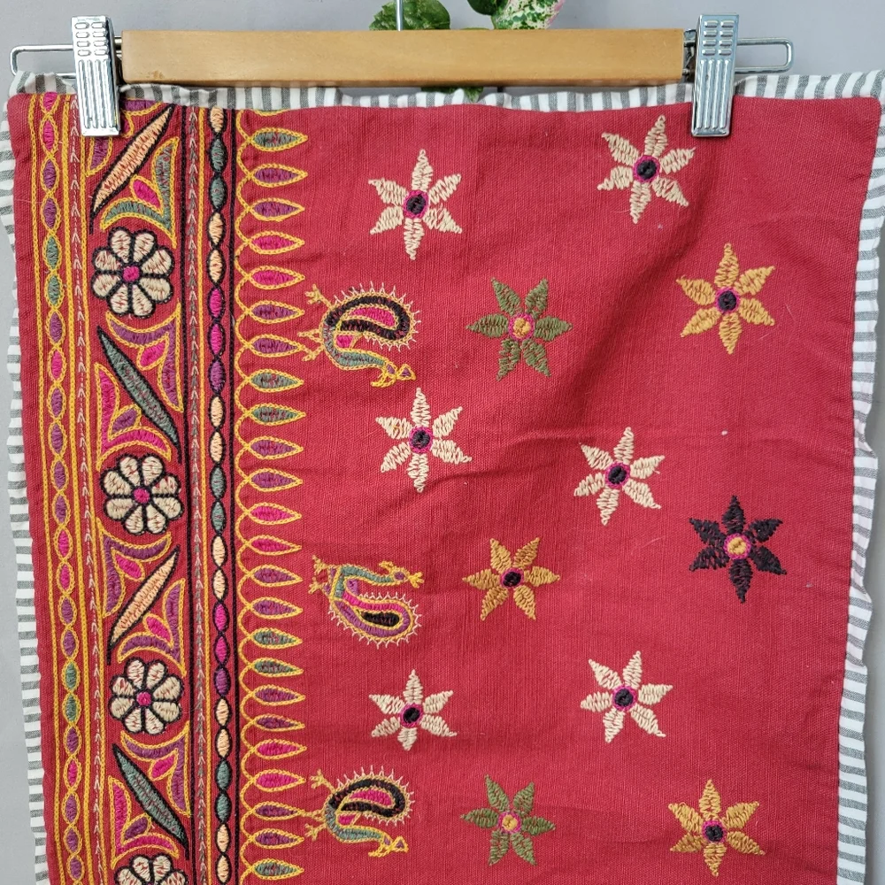 Pottery Barn Etta Embroidered‎ Floral Stripe Lumbar Pillow Cover Red 16